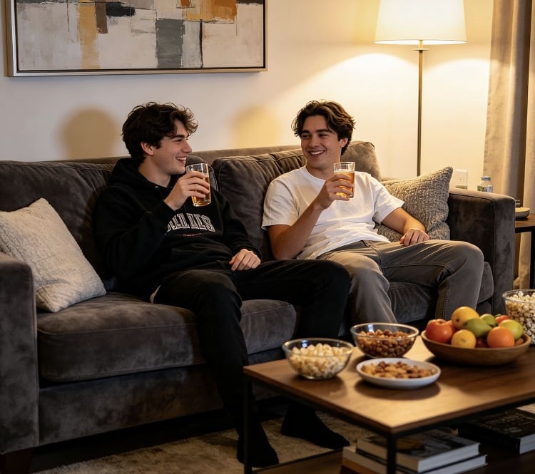 Friends are chatting in the living room
