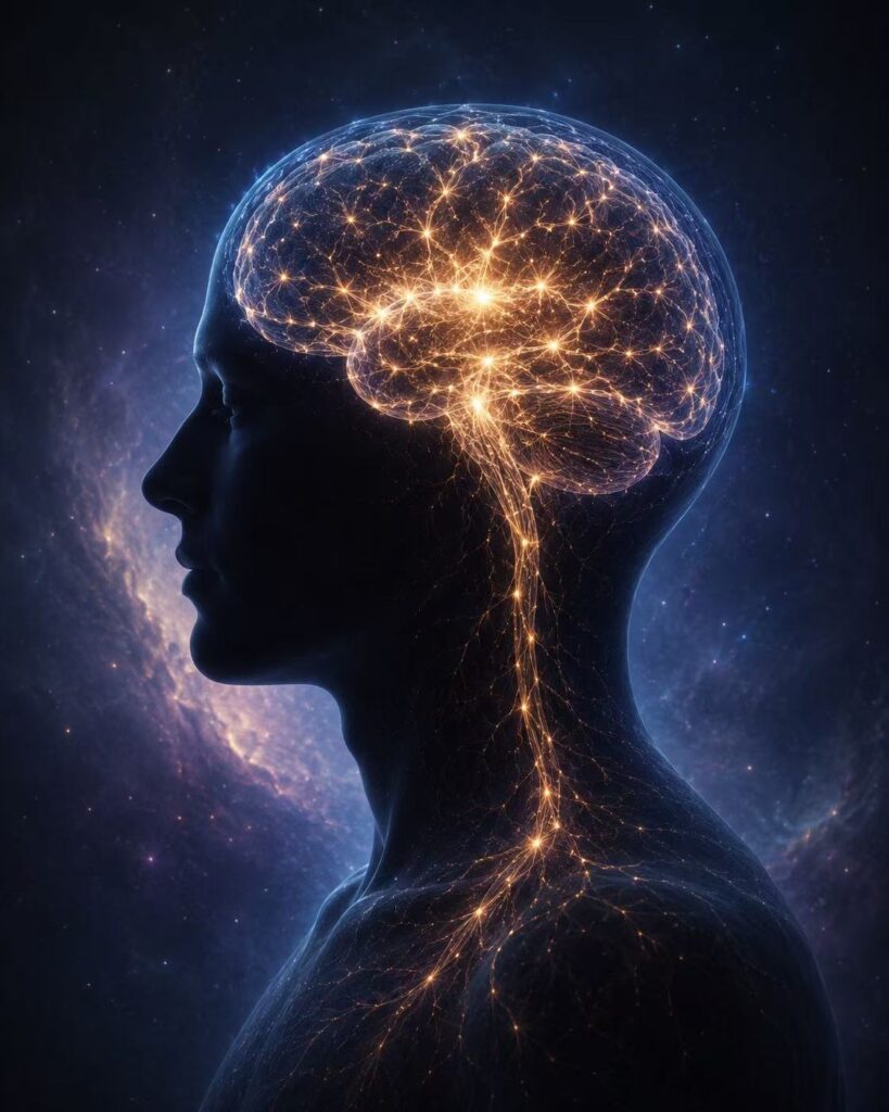 A human silhouette with a glowing brain-like neural network, symbolizing the relationship between consciousness and brain activity.