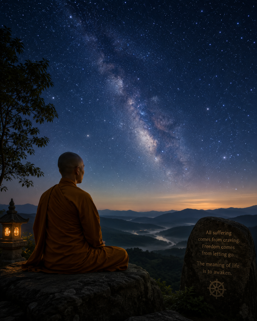 A peaceful Buddhist monk meditating beneath a starry sky, symbolizing inner freedom from suffering and the search for the meaning of life.