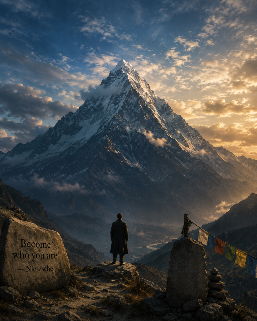 A solitary figure standing beneath a vast mountain and open sky, symbolizing Nietzsche’s philosophy of self-overcoming and the search for the meaning of life through Eastern wisdom.