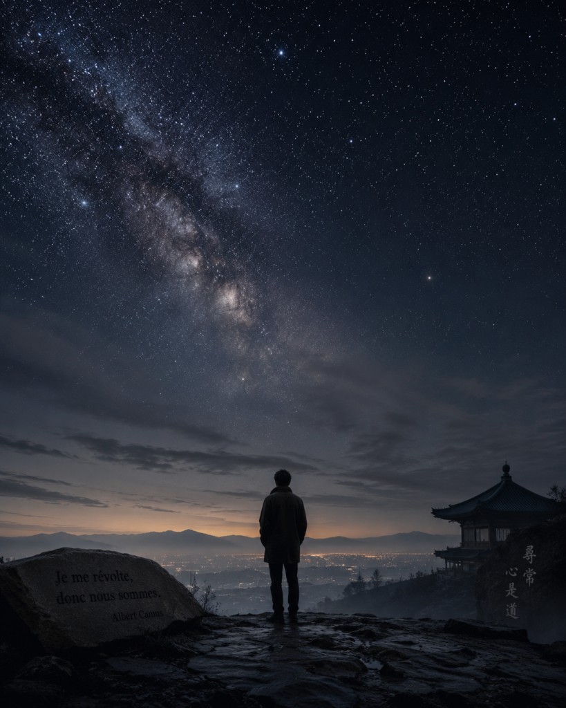 A solitary figure standing beneath a vast night sky, symbolizing Albert Camus’ philosophy of the absurd and the Eastern search for meaning in modern life