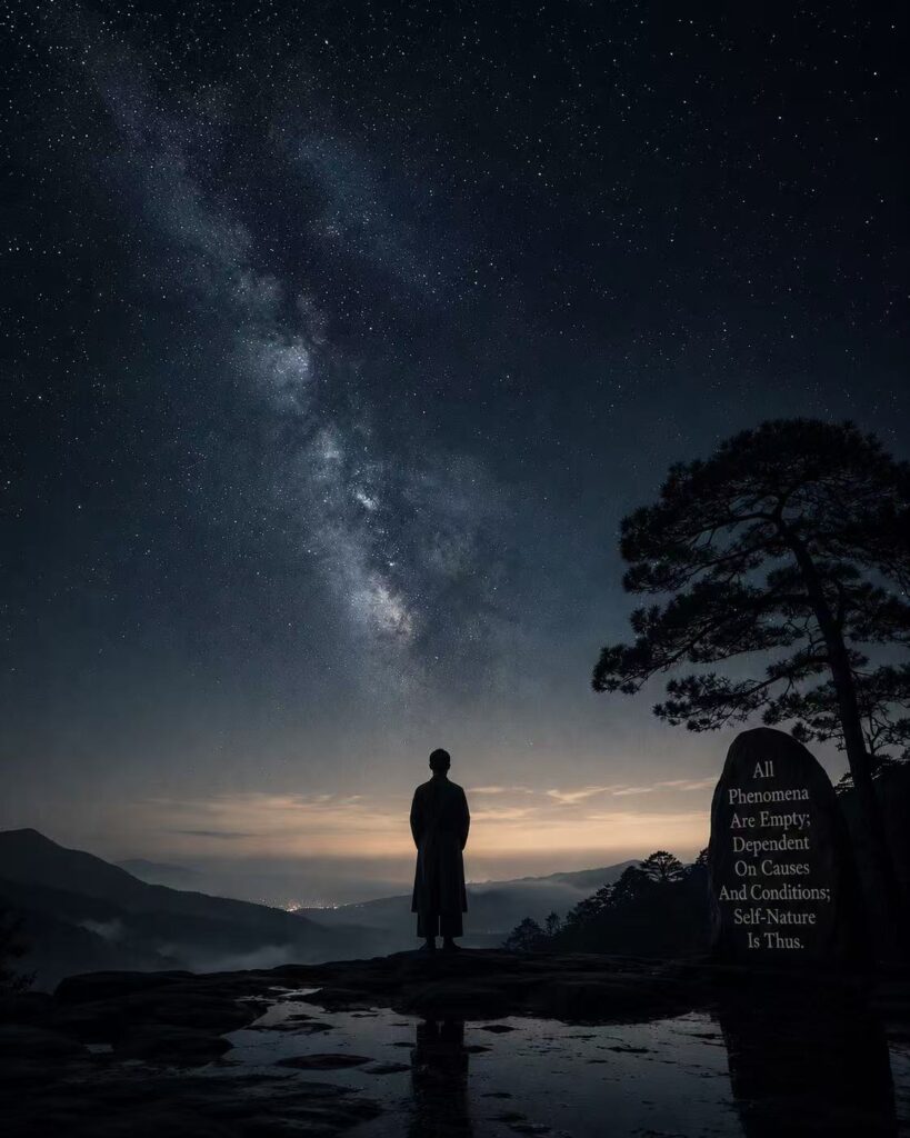 A solitary person standing beneath a vast night sky, symbolizing existentialism, modern anxiety, freedom, and the search for meaning in life through an Eastern philosophical perspective.
