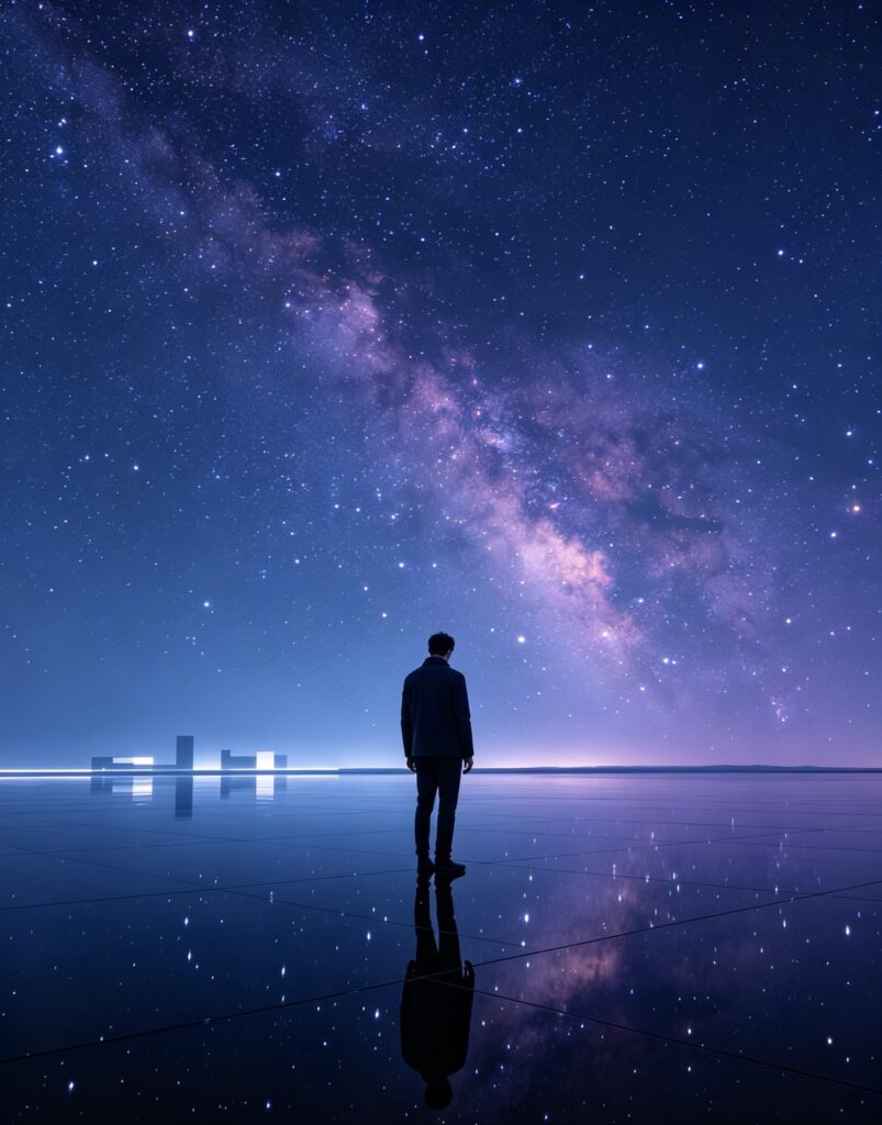 A solitary person standing beneath a vast night sky, symbolizing modern emptiness, human consciousness, science, existentialism, and the search for meaning through Eastern philosophy