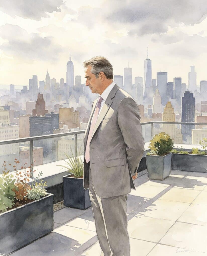 A successful businessman standing alone at the top of a skyscraper, looking over a city skyline while feeling empty and isolated.