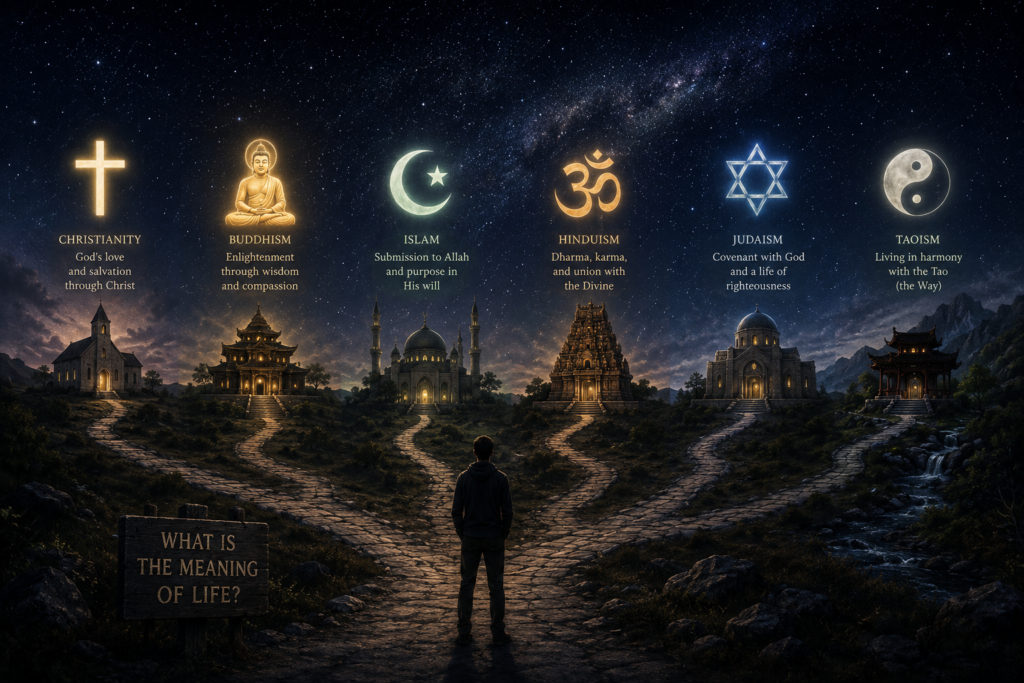 A symbolic scene showing a person beneath a starry sky with symbols of Christianity, Buddhism, Islam, Hinduism, Judaism, and Taoism representing different answers to the meaning of life.