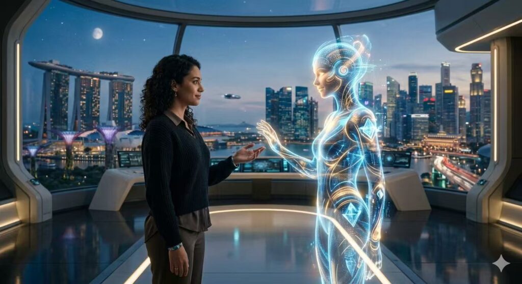 A human and a conscious artificial intelligence facing each other, symbolizing the future relationship between humanity and AI.