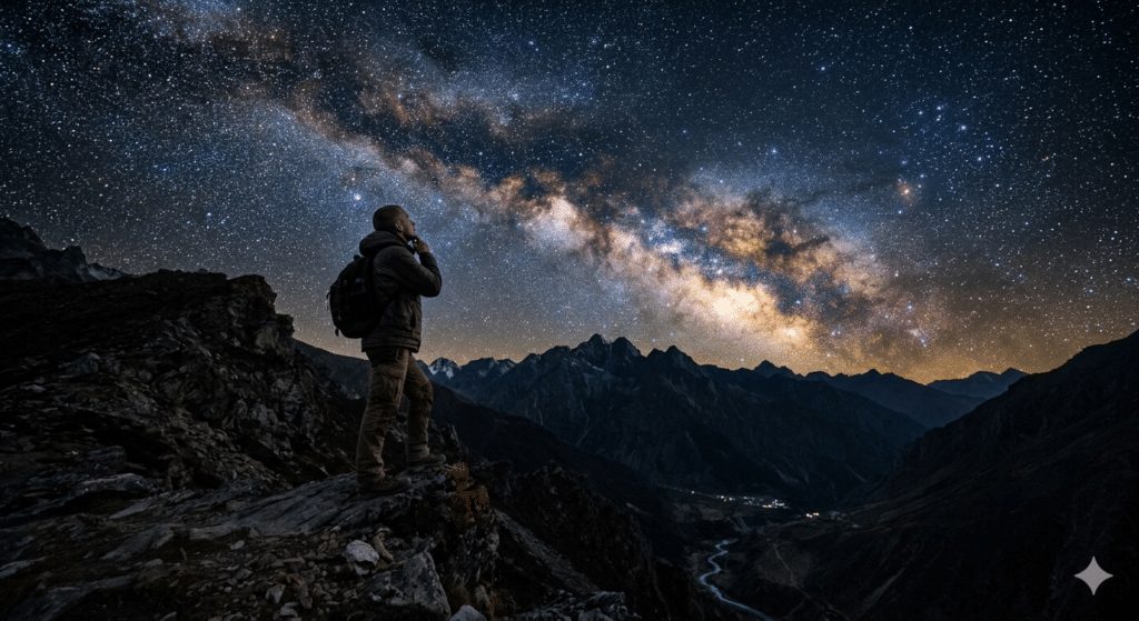 A human figure gazing into the cosmos, symbolizing the search for meaning, consciousness, and humanity's place in the universe