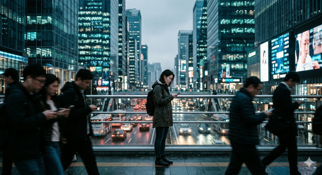 A lonely person standing in a modern city, illustrating the growing loneliness epidemic in the digital age