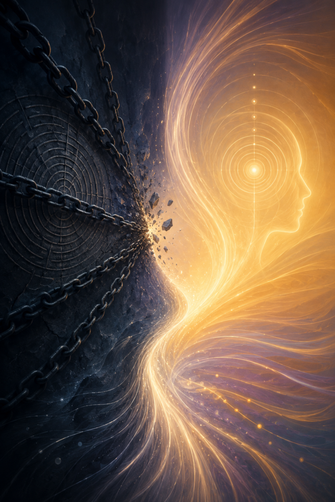 Abstract visualization of energy flow symbolizing transformation from constraint to awareness