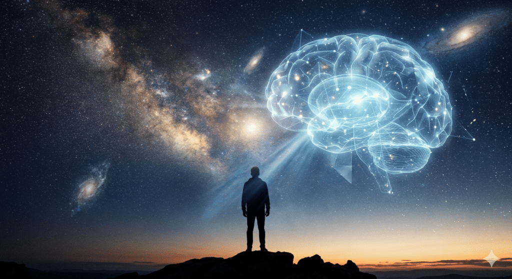 Human silhouette facing artificial intelligence and the universe, symbolizing meaning and purpose in the age of AI