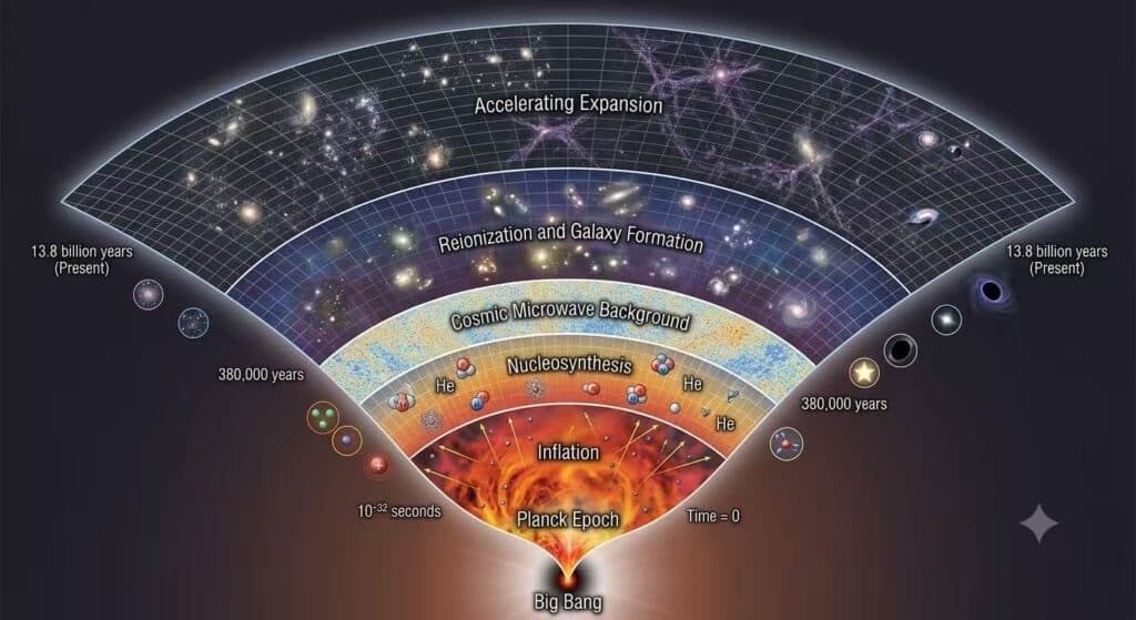 Illustration of the universe expanding from the Big Bang into space-time