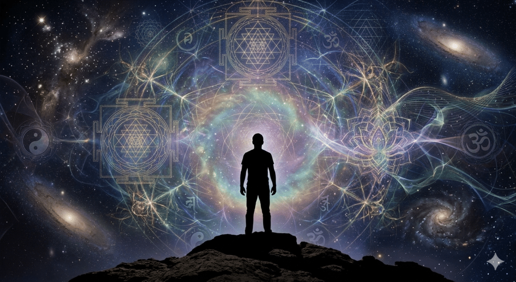 Silhouette of a person looking into a vast cosmic matrix, representing reality, consciousness, and the meaning of life from an Eastern philosophical perspective.
