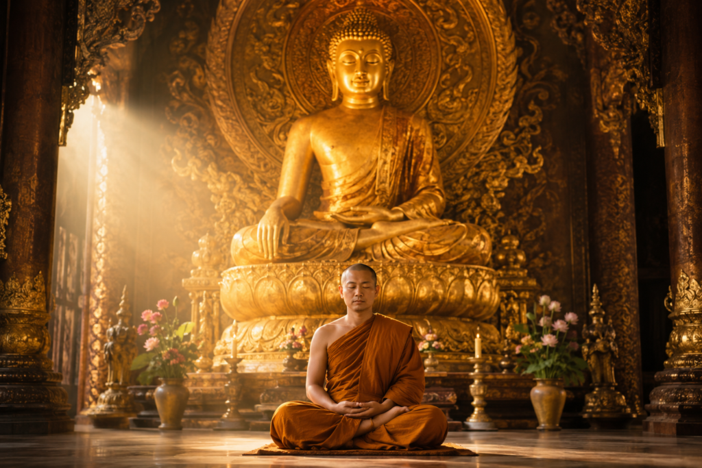 A Buddhist monk meditating peacefully beneath a golden Buddha statue, symbolizing Bodhi, enlightenment, inner wisdom, and freedom from suffering in Buddhism.