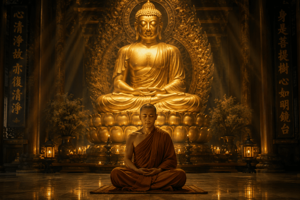 A Buddhist monk meditating peacefully beneath a golden Buddha statue, symbolizing Nirvana as the end of suffering, inner peace, and awakening in Buddhism.