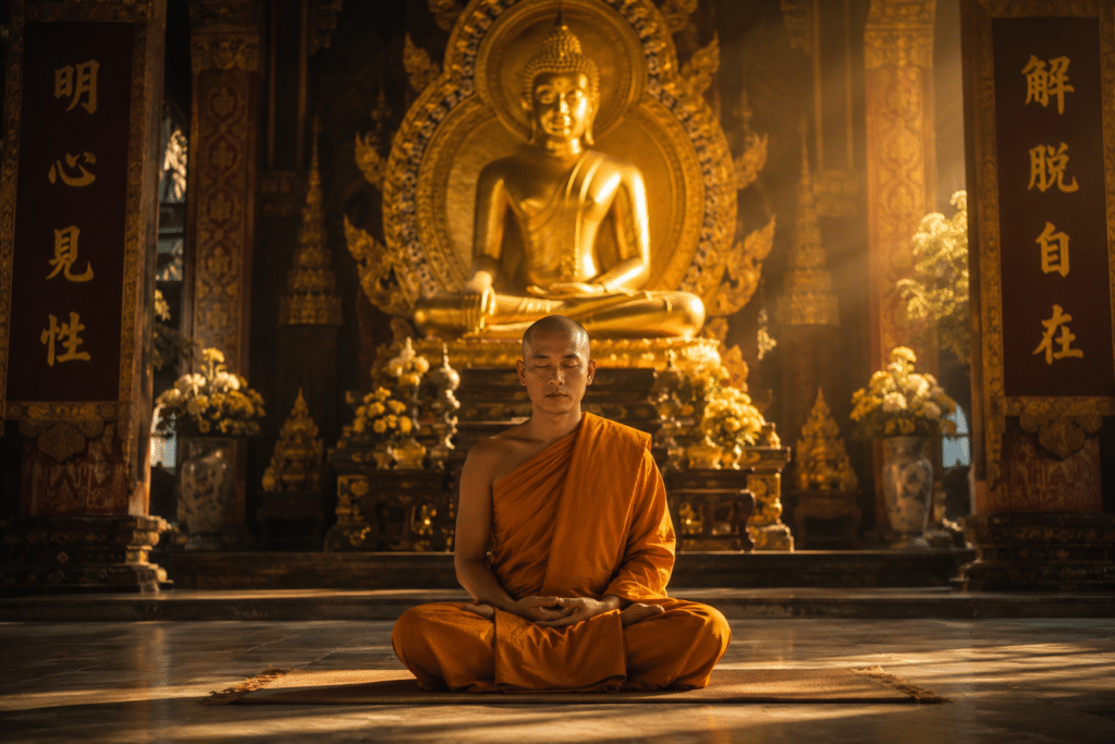 A Buddhist monk meditating peacefully beneath a golden Buddha statue, symbolizing the goal of Buddhism—awakening (Bodhi), inner wisdom, and freedom from suffering.