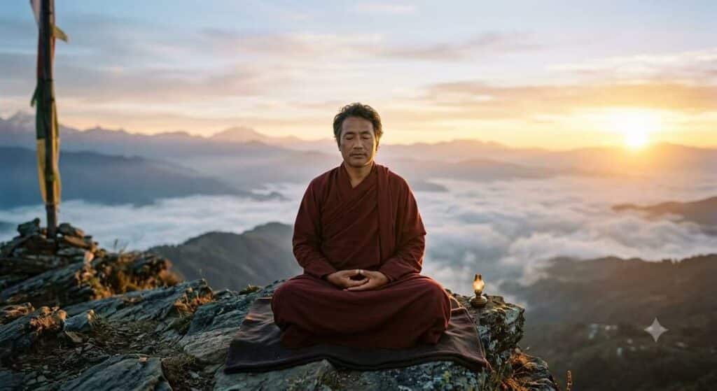 A person meditating at sunrise, representing Buddhist wisdom and the search for lasting happiness