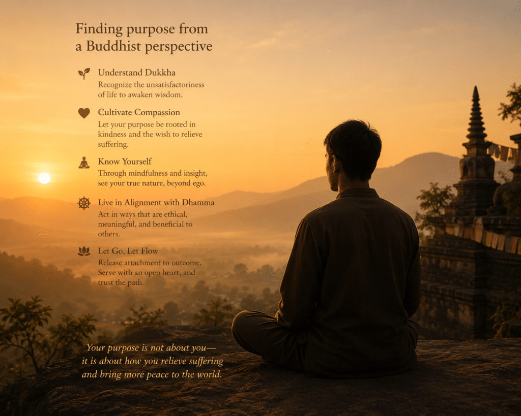 A person meditating at sunrise while reflecting on how to find their purpose from a Buddhist perspective