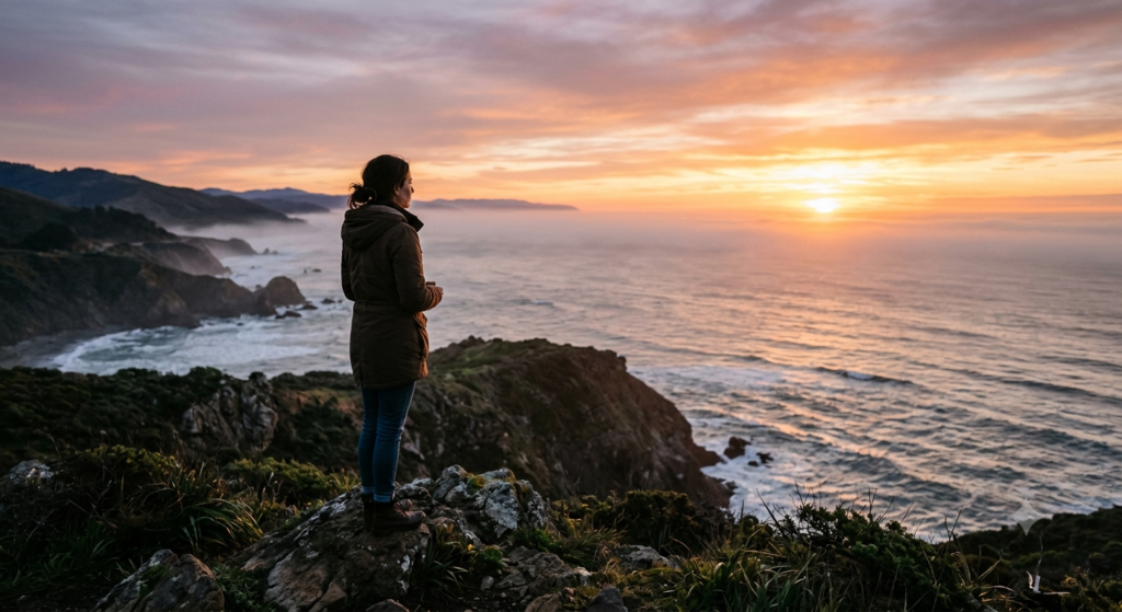 A person standing alone at sunrise, reflecting on the search for spiritual purpose and the deeper meaning of life