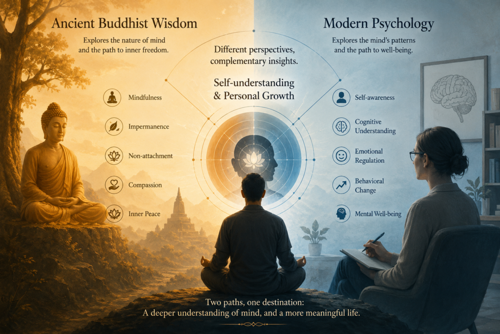 Ancient Buddhist wisdom and modern psychology explore the human mind from different perspectives, offering complementary insights into self-understanding and personal growth.