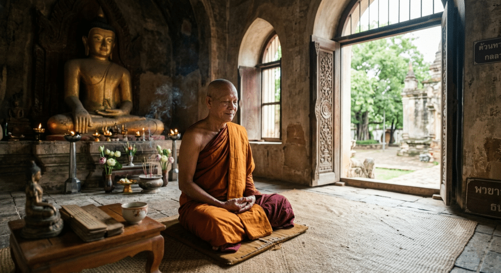 Buddhist monk meditating in a peaceful temple, symbolizing the path between religion, philosophy, and awakening