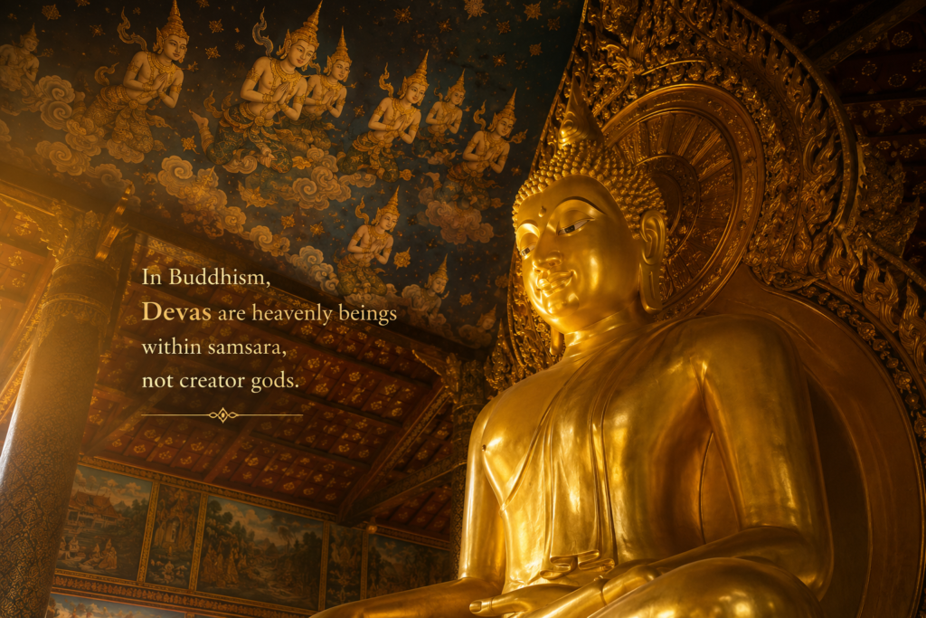 Golden Buddha statue beneath a peaceful temple ceiling, symbolizing the Buddhist view of Devas as heavenly beings rather than creator gods
