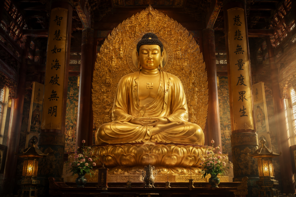 Golden Buddha statue inside a peaceful Buddhist temple, symbolizing why Buddhism has no creator God but emphasizes awakening and the Dharma