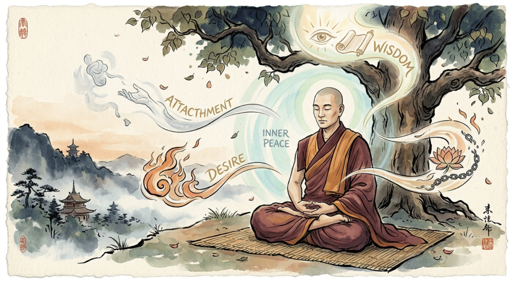 Illustration of a peaceful Buddhist monk meditating, representing the Buddhist understanding of desire, attachment, wisdom, and inner peace.