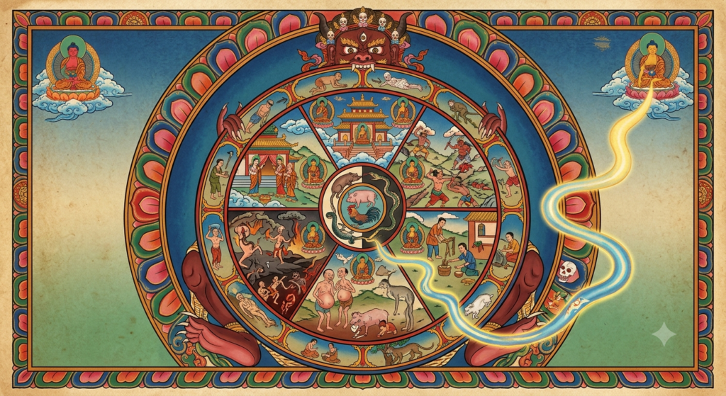 Illustration of the Buddhist cycle of rebirth representing karma, the stream of consciousness, impermanence, and the journey beyond death.