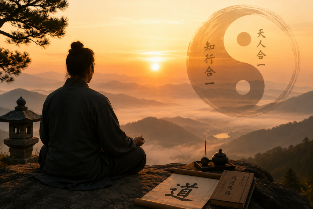 Person meditating at sunrise while reflecting on the deeper meaning of spiritual purpose through Eastern philosophy