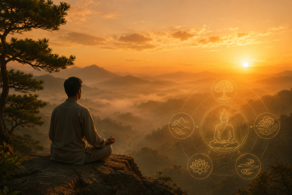 Person meditating at sunrise while reflecting on the true spiritual purpose of life through Eastern philosophy