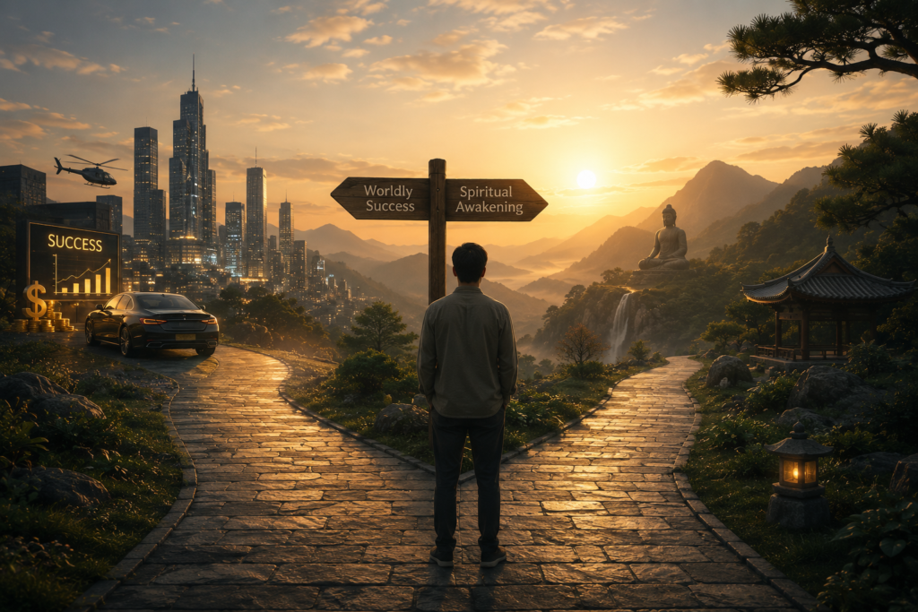 Person standing at a crossroads between worldly success and spiritual awakening, symbolizing the search for life’s true purpose through Eastern philosophy