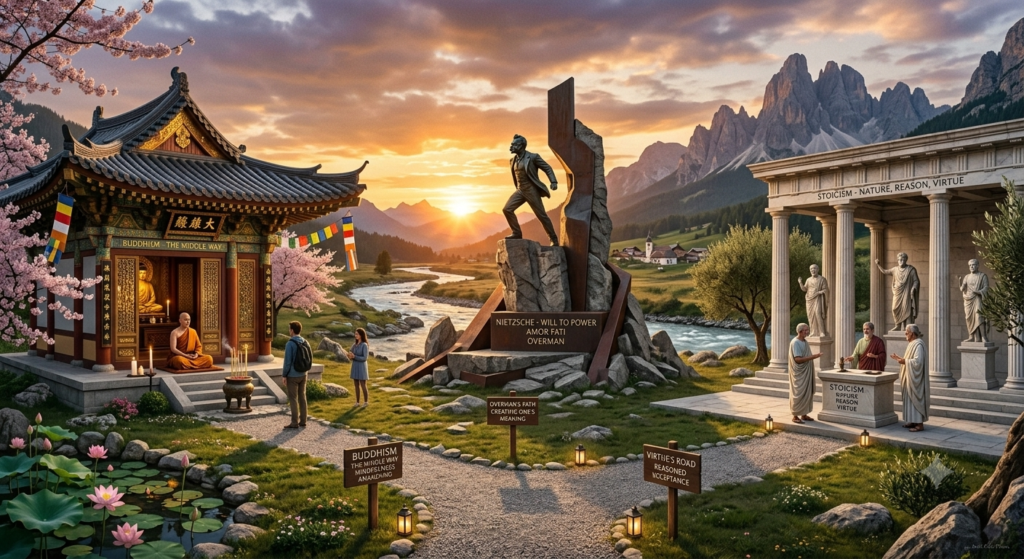 Three philosophical paths—Buddhism, Nietzsche, and Stoicism—exploring different approaches to finding meaning in life.