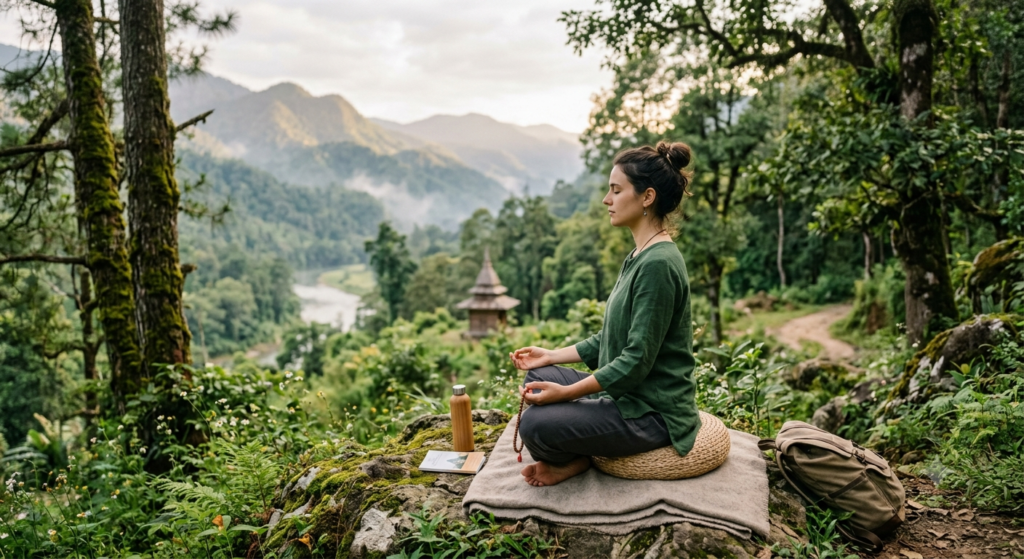 A beginner practicing Buddhist meditation in nature for inner peace and spiritual awakening