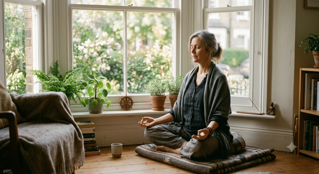 A peaceful person practicing mindfulness meditation in everyday life, sitting near a window with soft morning light, symbolizing Buddhist wisdom, inner peace, awareness, and spiritual awakening.