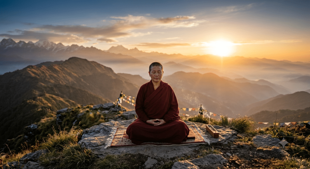 A peaceful person sitting in meditation at sunrise, surrounded by mountains and soft golden light, symbolizing Buddhist awakening, inner peace, mindfulness, and the journey from suffering to enlightenment