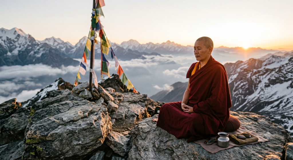A person meditating on a mountain peak representing Buddhist teachings for overcoming suffering and finding inner peace